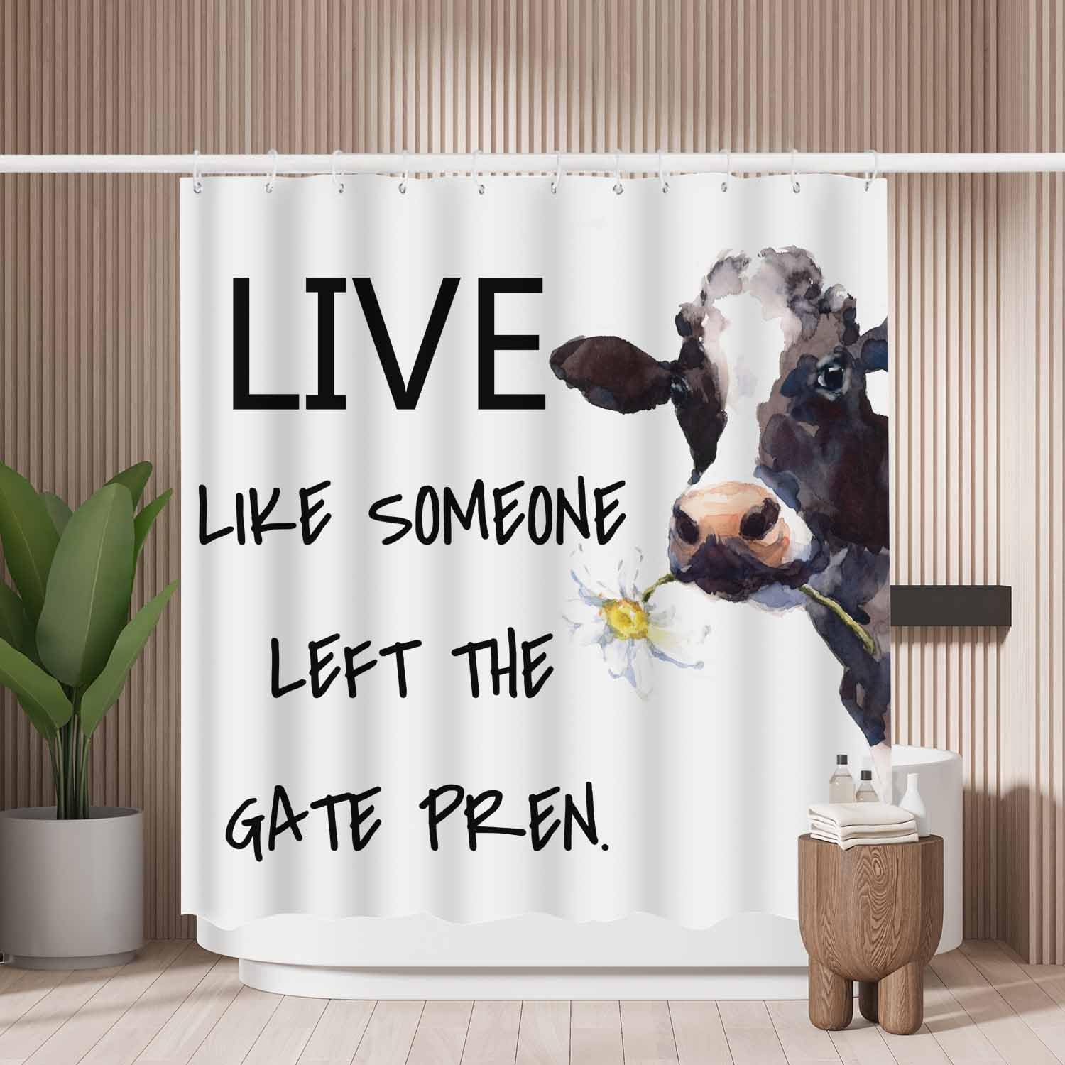 Jolof Store Watercolor Cow Flower Shower Curtain – Mold Resistant Polyester
