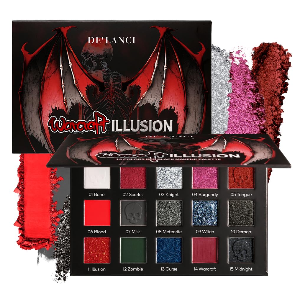 DE'LANCI 15 Color Red Black Goth Eyeshadow Palette – Vegan SFX Makeup