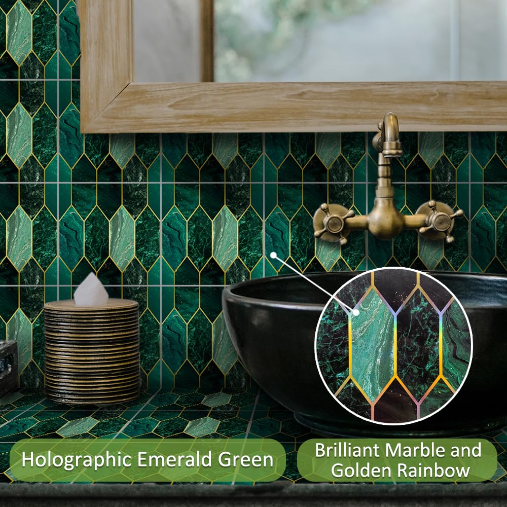 Funlife Peel and Stick Wall Tiles | Holographic Emerald Green - 30 Pack