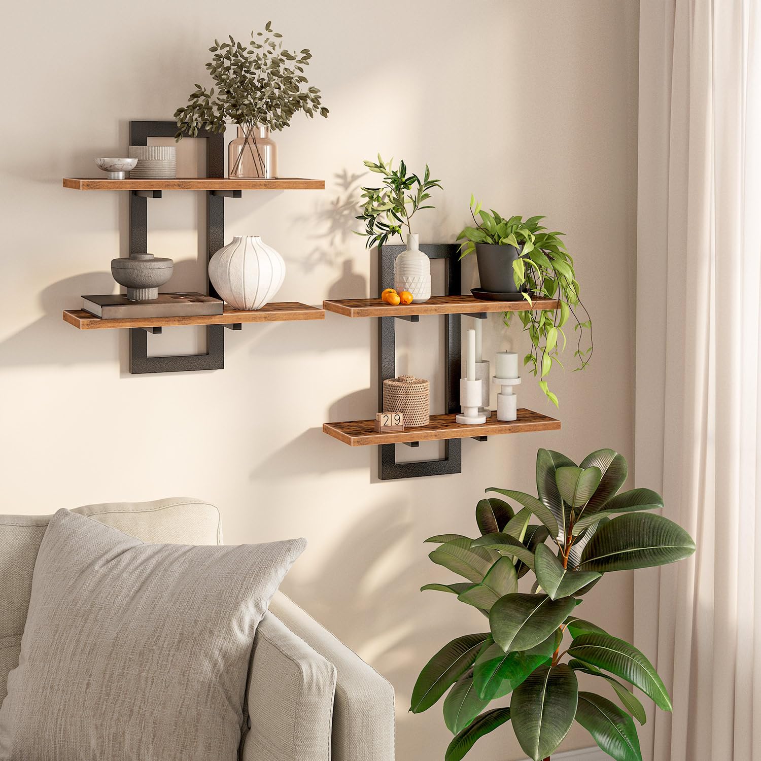 HOOBRO 2-Tier Floating Shelves Set | Greige & Black Wall Mounted Racks