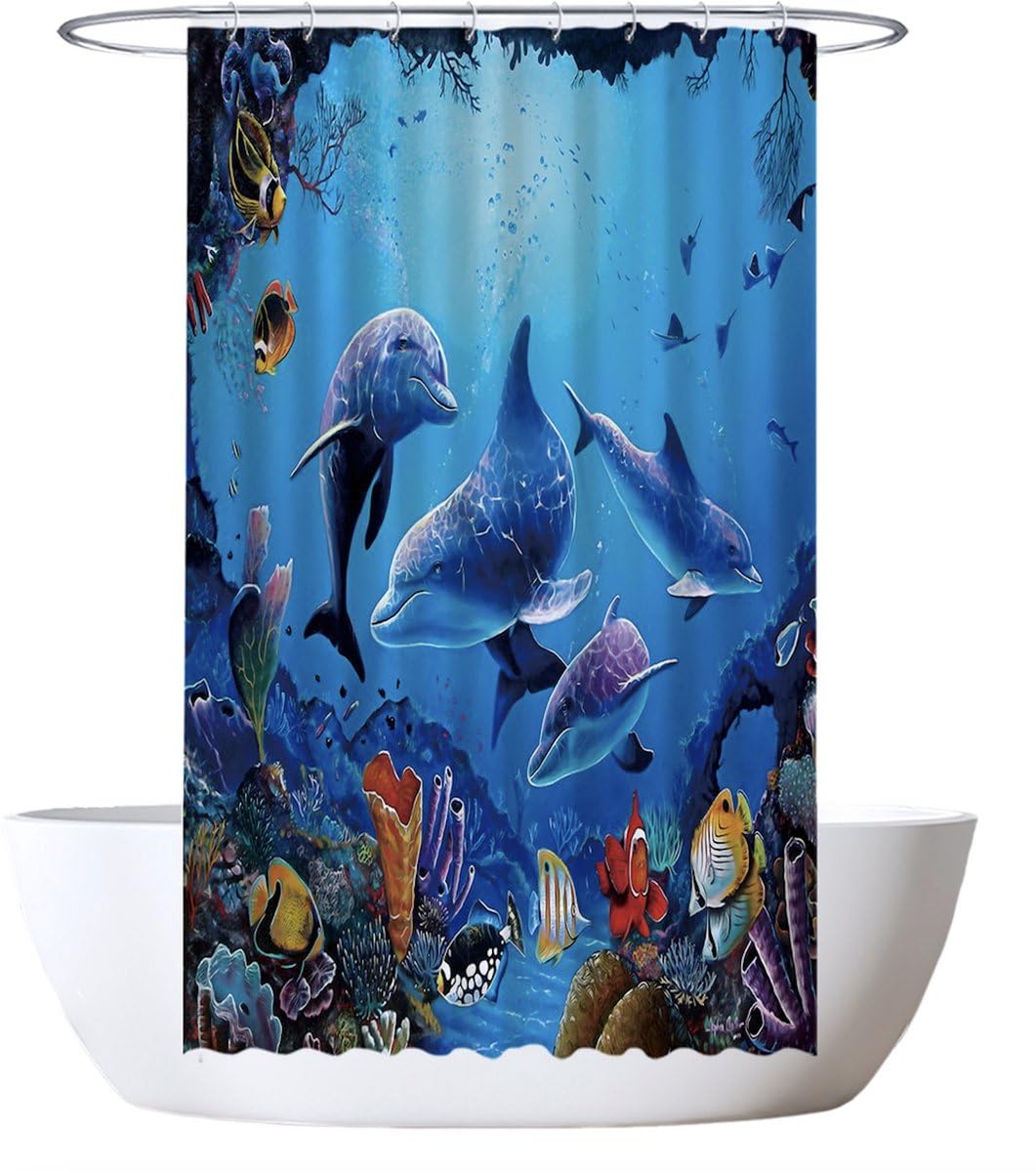 Ulticool Dolphin Sea Shower Curtain – 120x200cm Anti-Mould Blue Polyester