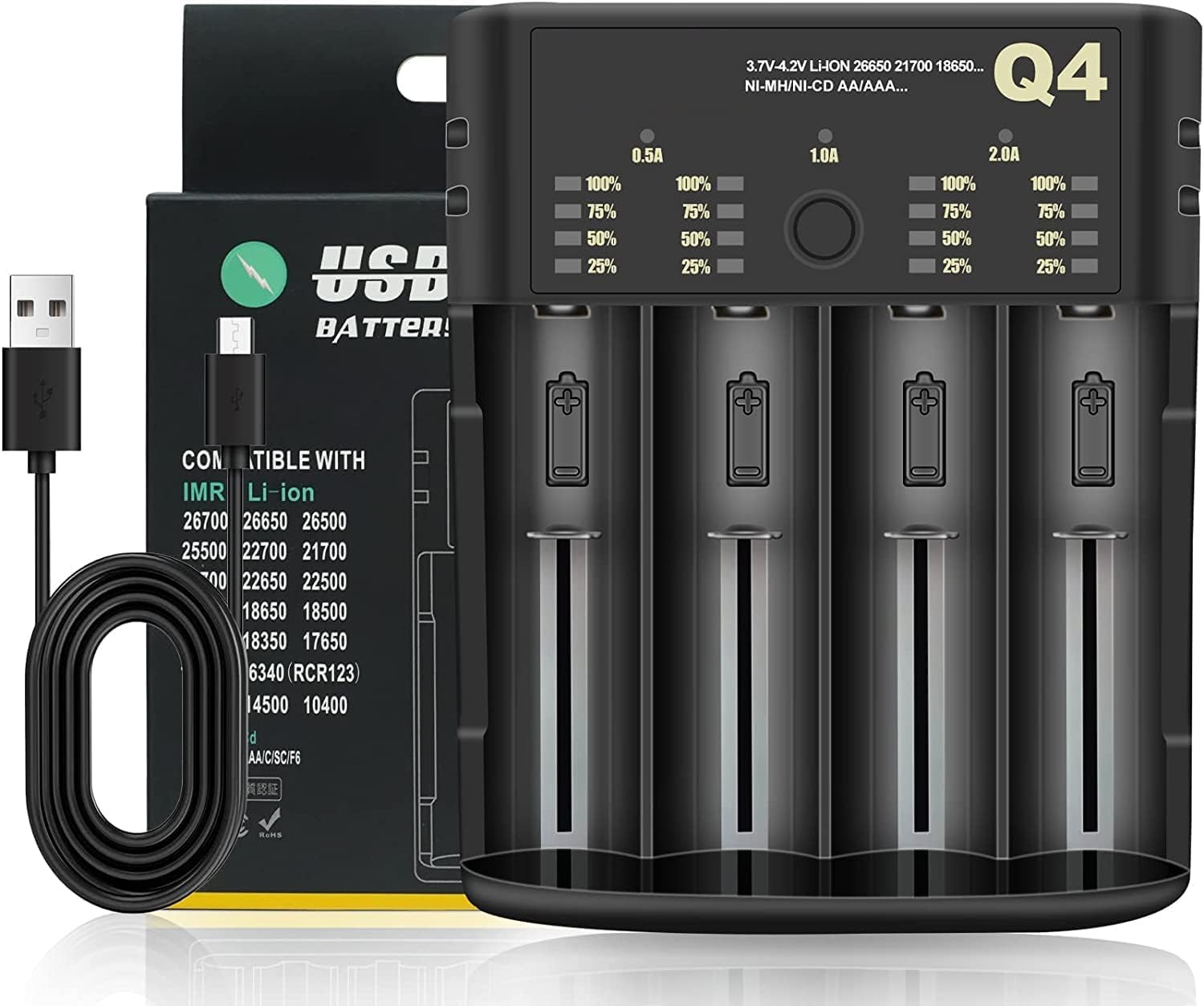 4-Slot Fast Battery Charger for 18650 21700 Li-ion Ni-MH