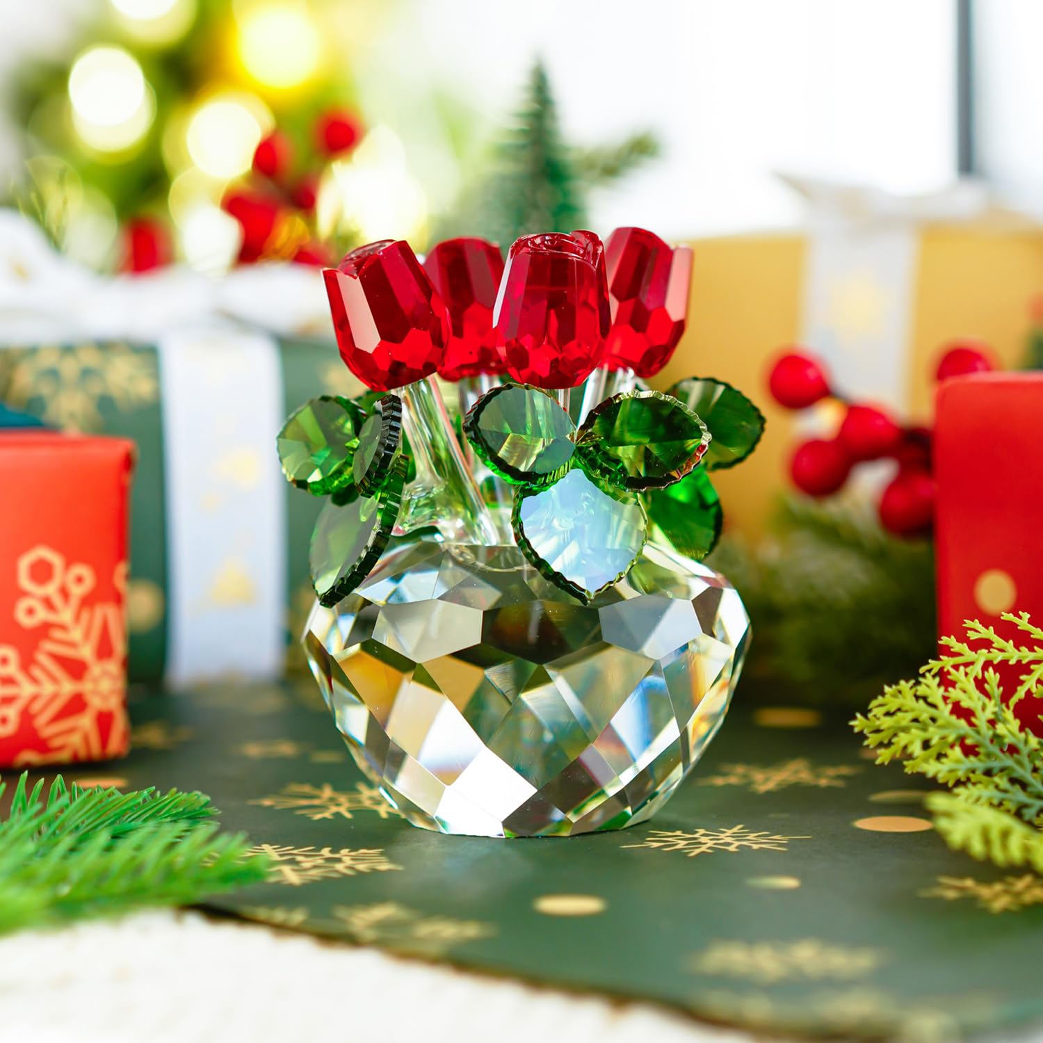 H&D Crystal Glass Red Rose Figurine – 4.5" Flower Ornament Gift Box