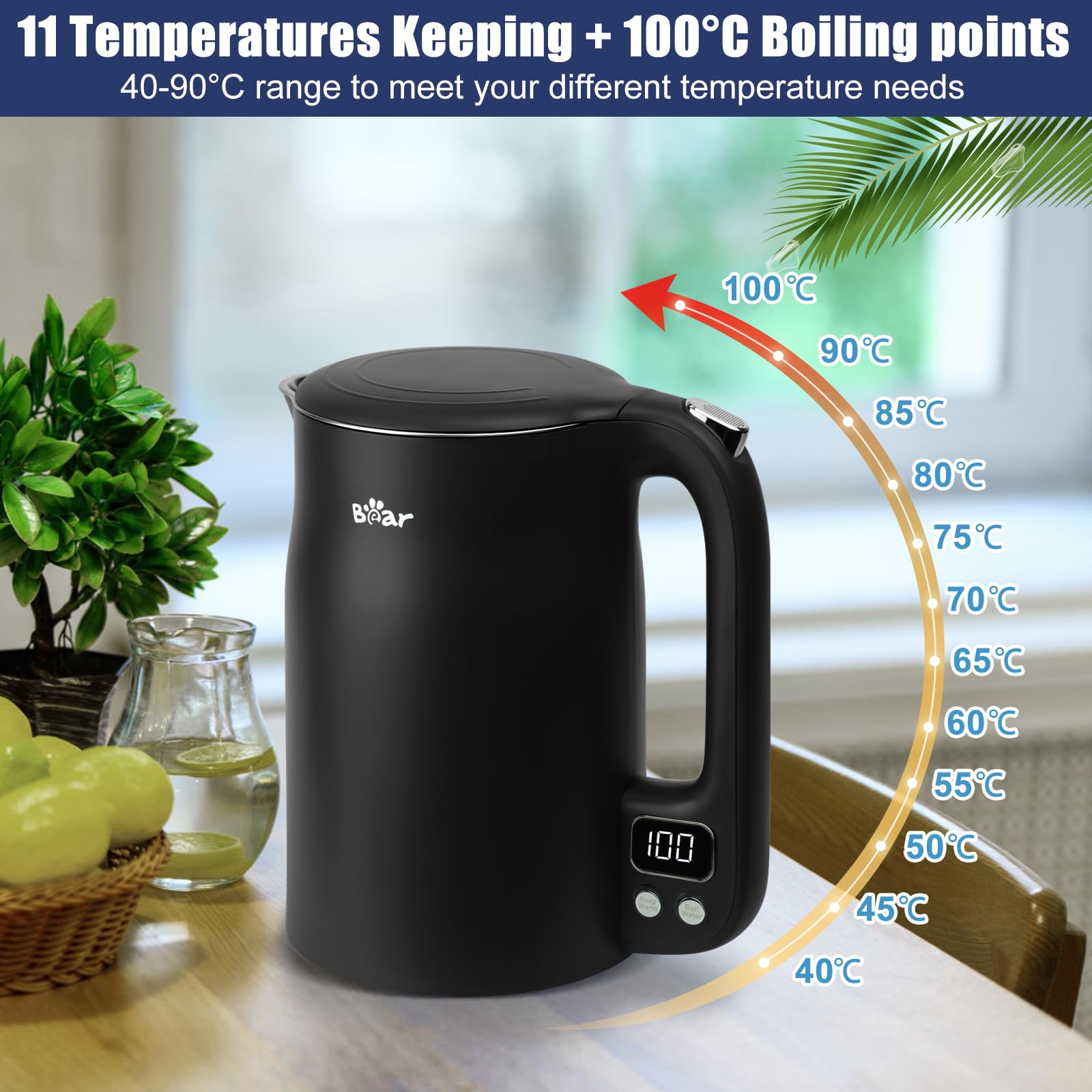 Bear Electric Kettle | 1.7L Stainless Steel with Temperature Control