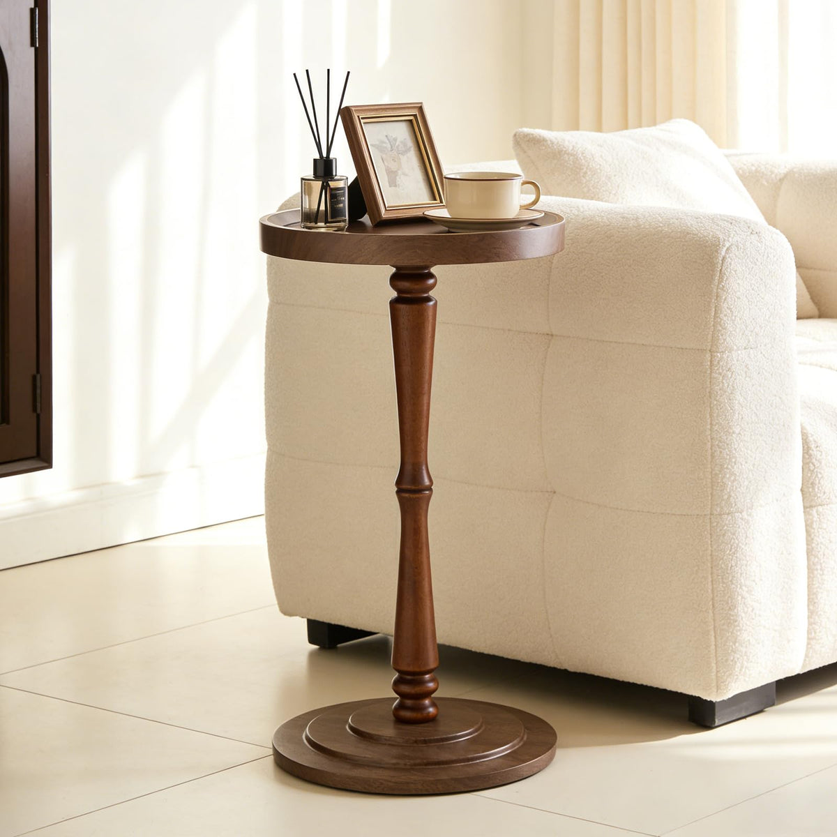 Simcat Round Side Table Bamboo Joint Design, Small Round Coffee Table for Small Spaces with Solid Wood Leg for Living Room, Bedroom, Corners - image 2
