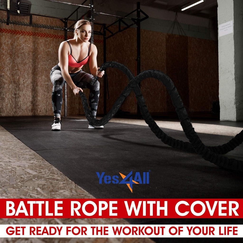 Yes4All Battle Rope with Protective Cover, Anchor & Strap - 12m x 38mm