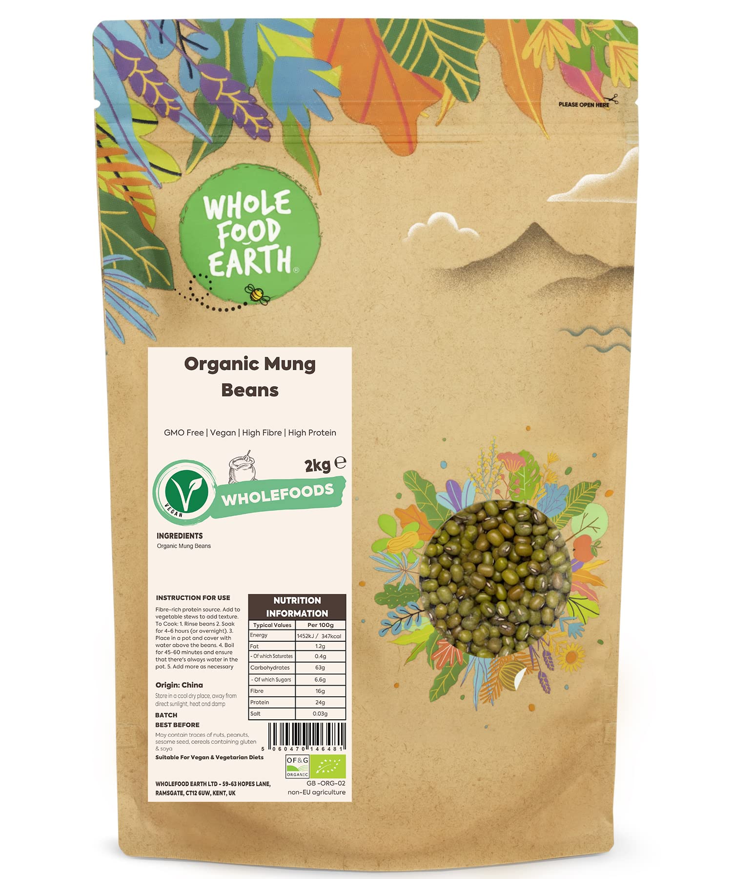 Wholefood Earth Organic Mung Beans – 2kg High Protein Vegan Legumes