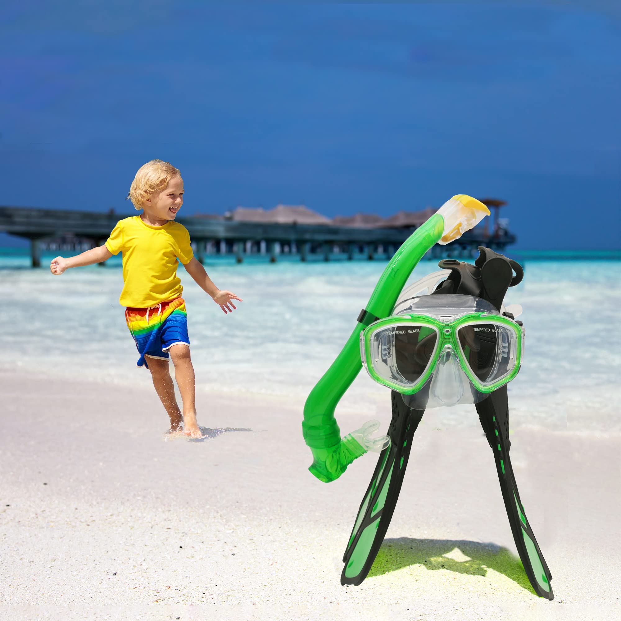Jolof Store Kids Snorkeling Set - Full Dry Snorkel Gear with Fins, 5-12 Yrs