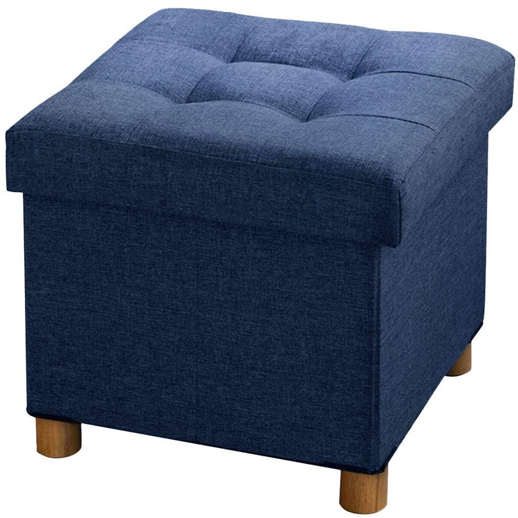 BRIAN & DANY Folding Storage Ottoman with Wood Legs - Navy Blue Linen