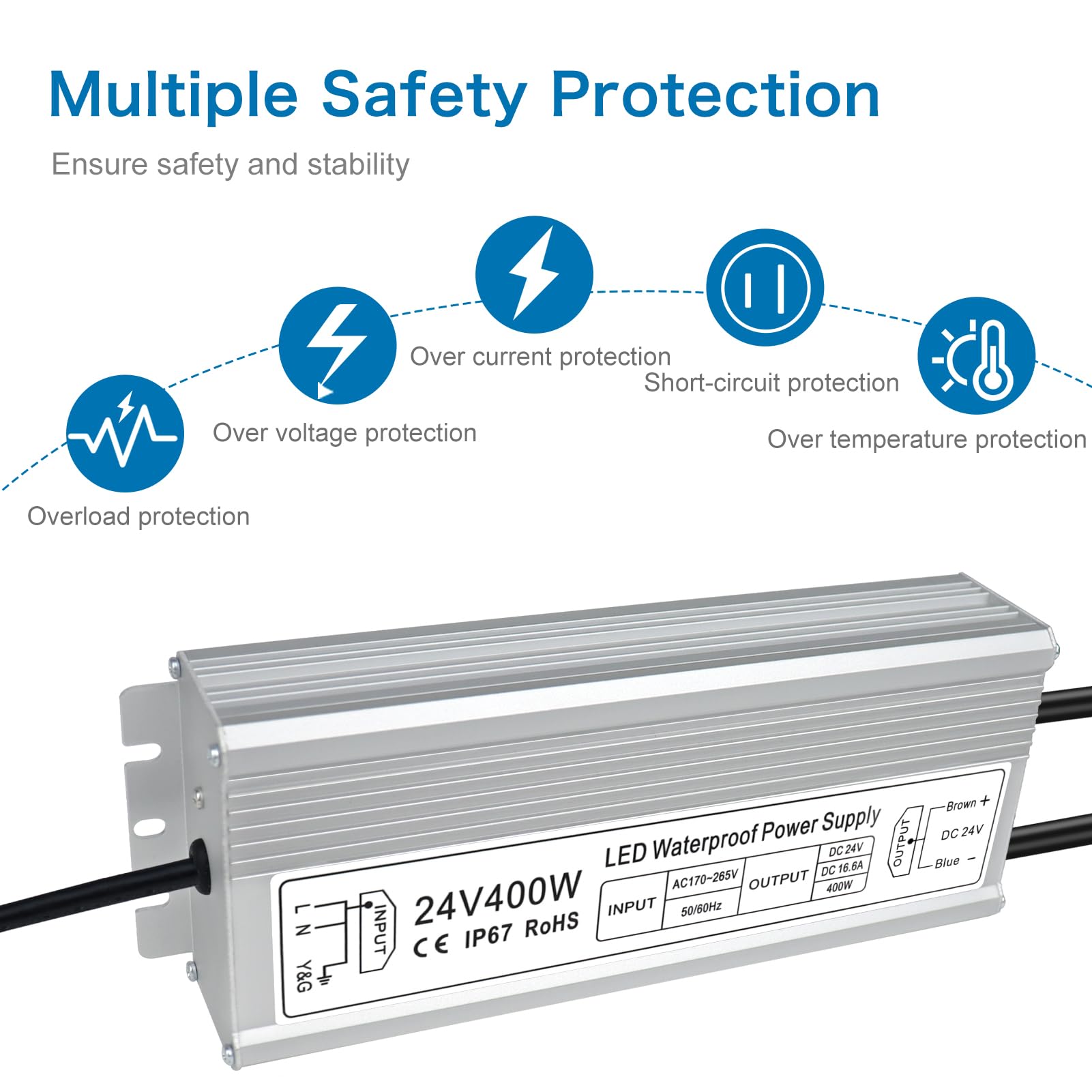 inShareplus 24V 400W LED Power Supply – IP67 Waterproof Outdoor Transformer