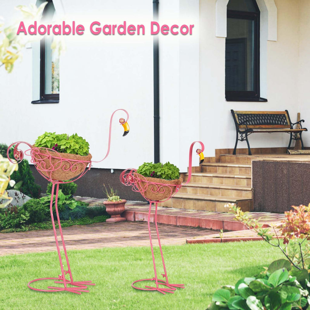 Jolof Store Flamingo Metal Garden Planters | Set of 2 Pink Outdoor Decor