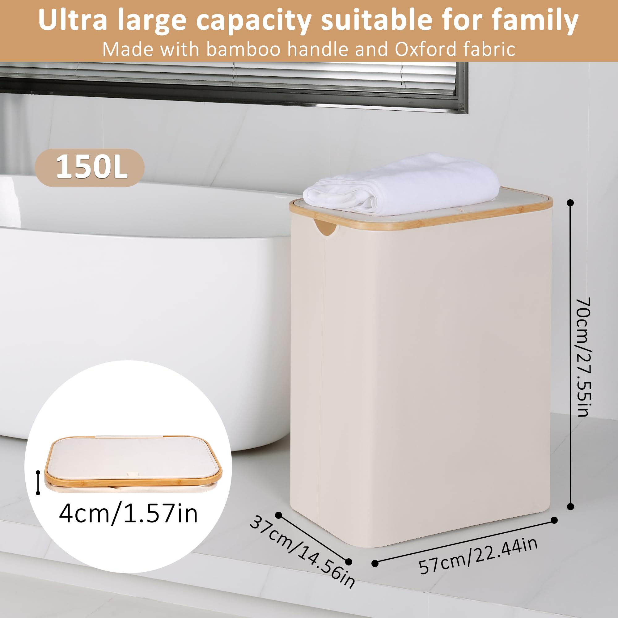 iEGrow 150L Double Laundry Basket with Lid and Bamboo Handles – Beige