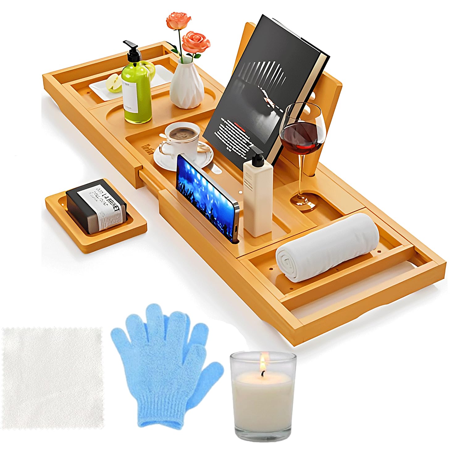 BritAura Bamboo Bath Tray Set – 5 Pcs Foldable Adjustable Bathtub Caddy