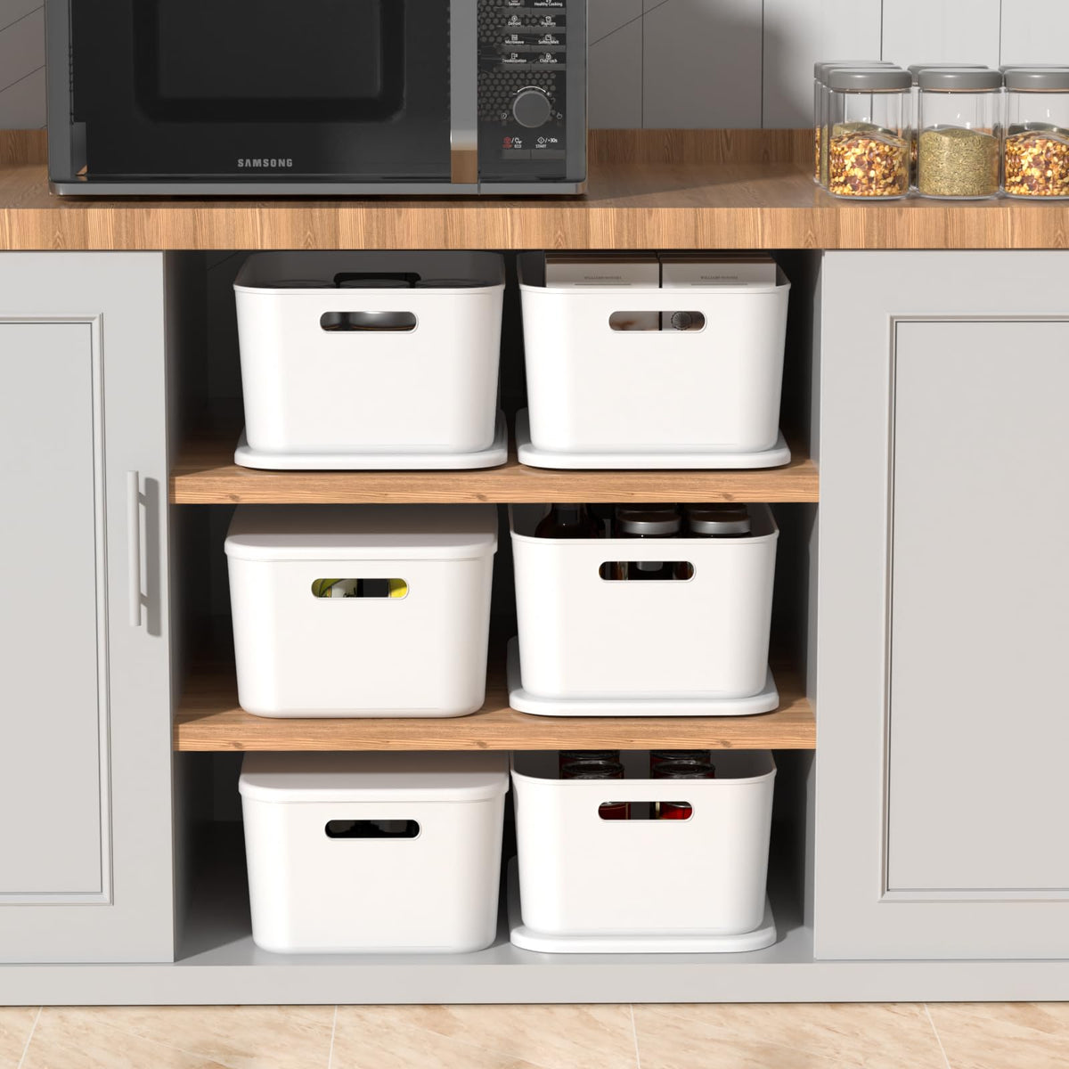 Ionoloy Kitchen Cupboard Organiser Boxes with Lids, 6 Pack Grey Plastic Storage Baskets - image 4