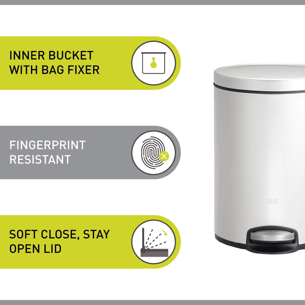 EKO Eva 5L Pedal Bathroom Bin | Soft Close Steel Waste Bin - White