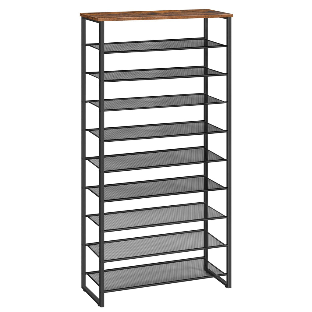 HOOBRO 10-Tier Shoe Rack – Rustic Brown Metal Organizer for 36 Pairs