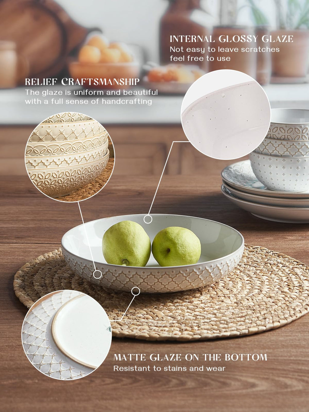 Pasta Bowls Set of 4 – 1020ml Embossed Stoneware Salad Plates