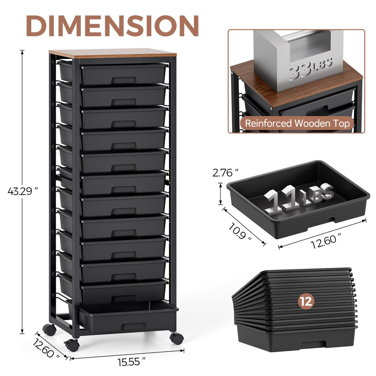 SYKIARIOL 12-Drawer Storage Trolley Rolling Cart with Wooden Top, Black