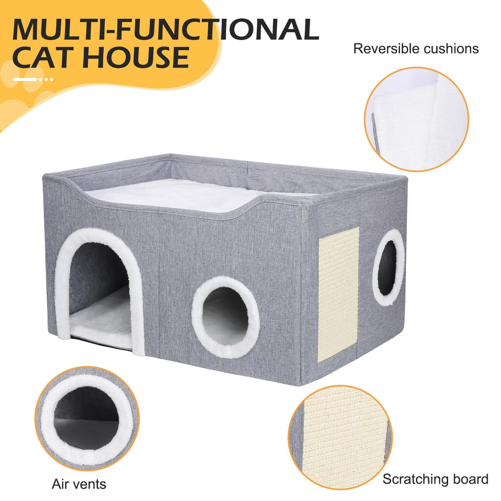 GDGZT Foldable Cat House – Large 2-Level Indoor Cat Cave with Scratcher