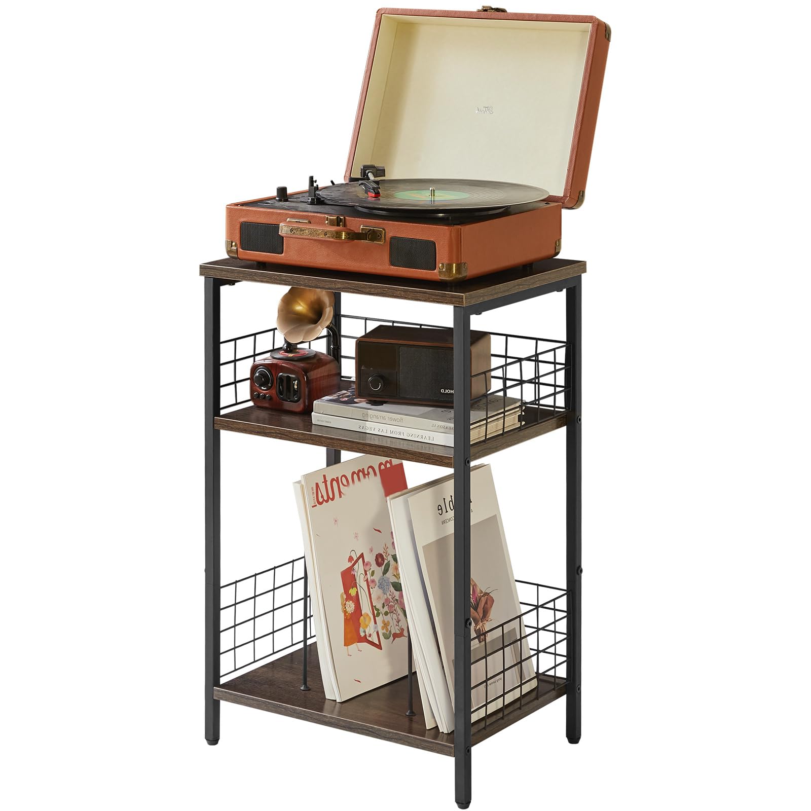 YMYNY 3-Tier Record Player Stand | Industrial Side Table - Rustic Brown