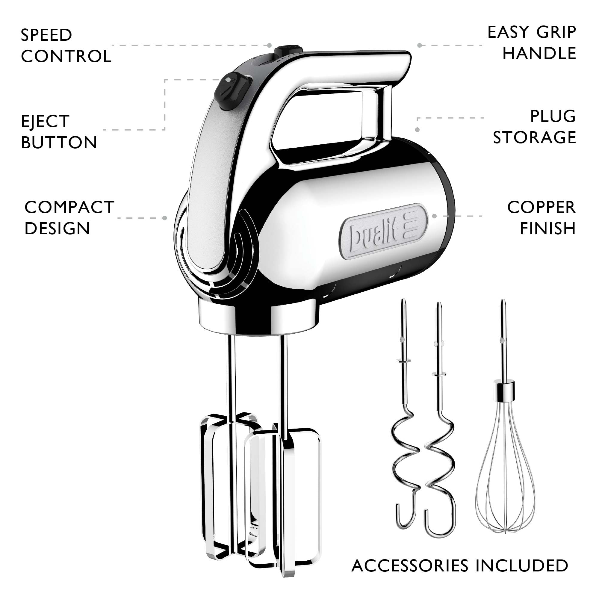 Dualit 400W Hand Mixer in Chrome | 4-Speed with Baking Attachments