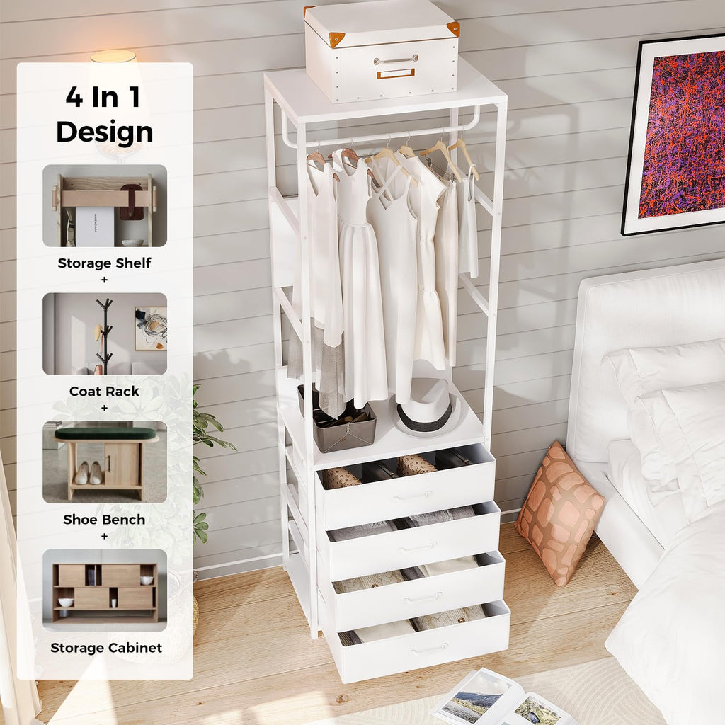 VOWNER Hall Tree Entryway Organizer with 4 Drawers Bench White Rod - image 4