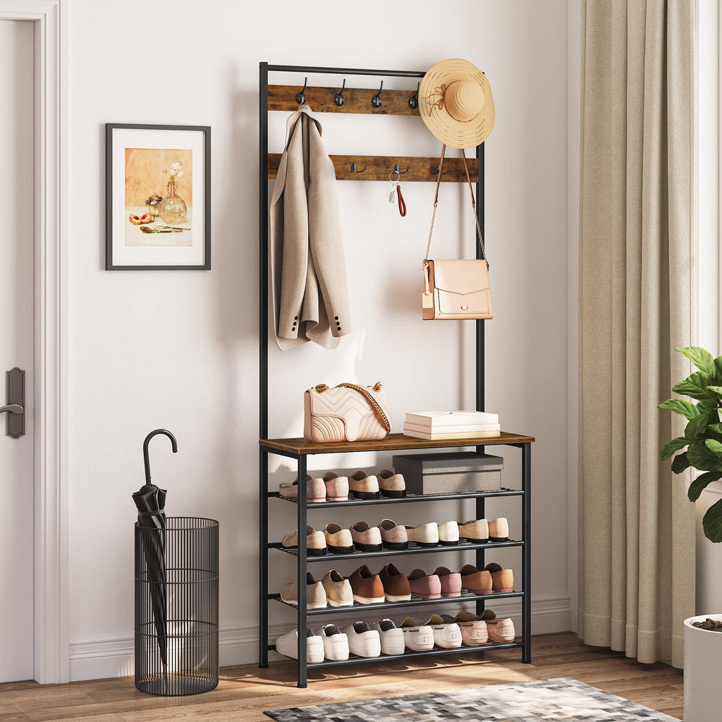HOOBRO Hall Tree Coat Rack with Shoe Storage - Industrial Metal Frame