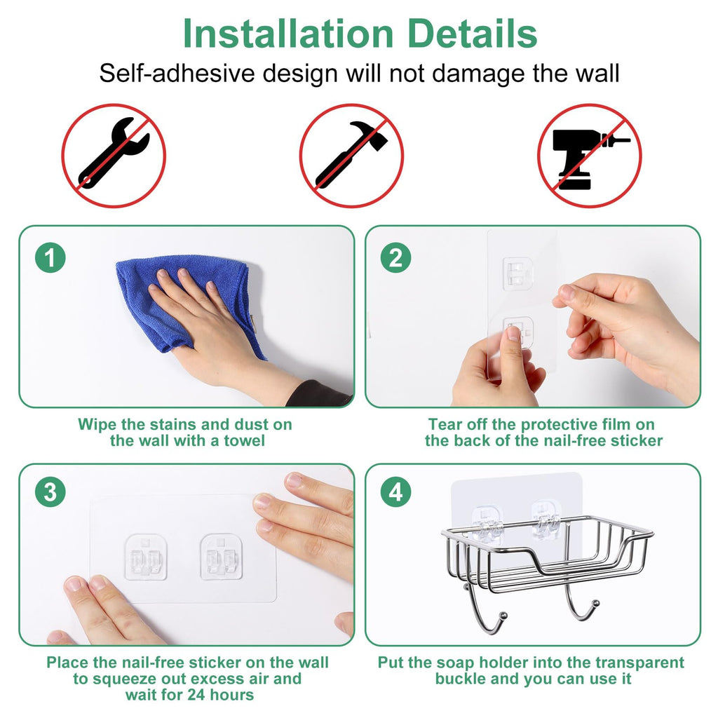 Uten 2 Pcs Strong Self Adhesive Soap Dish, Stainless Steel Soap Holder with Hook No Drilling, Wall Mounted Soap Tray for Shower Bathroom Kitchen - image 5