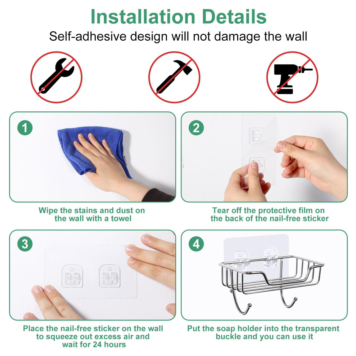 Uten 2 Pcs Strong Self Adhesive Soap Dish, Stainless Steel Soap Holder with Hook No Drilling, Wall Mounted Soap Tray for Shower Bathroom Kitchen - image 5