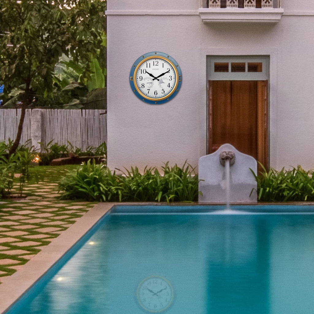 OCEST 16 Inch Outdoor Garden Clock | Waterproof Retro Wall Clock with Blue Frame