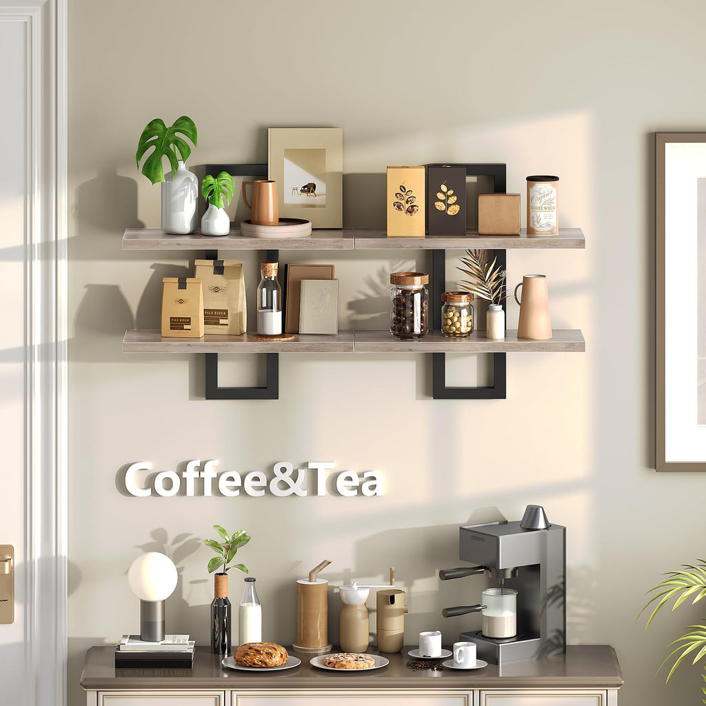 HOOBRO 2-Tier Floating Shelves Set | Greige & Black Wall Mounted Racks
