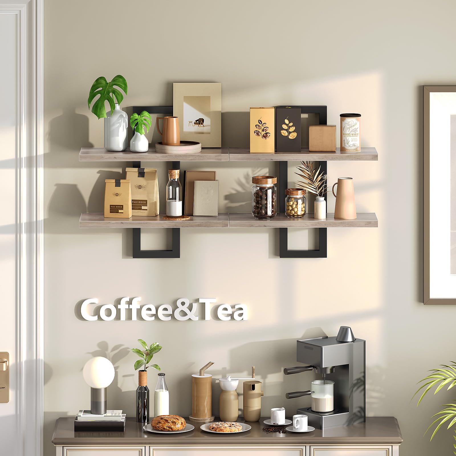 HOOBRO 2-Tier Floating Shelves Set | Greige & Black Wall Mounted Racks