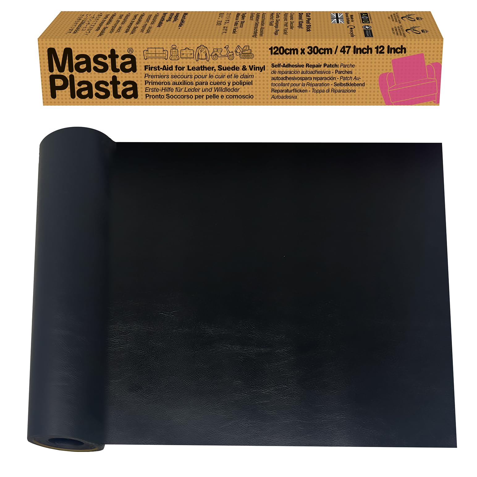 MastaPlasta Leather Repair Patch – Black Self-Adhesive Kit (120x30cm)