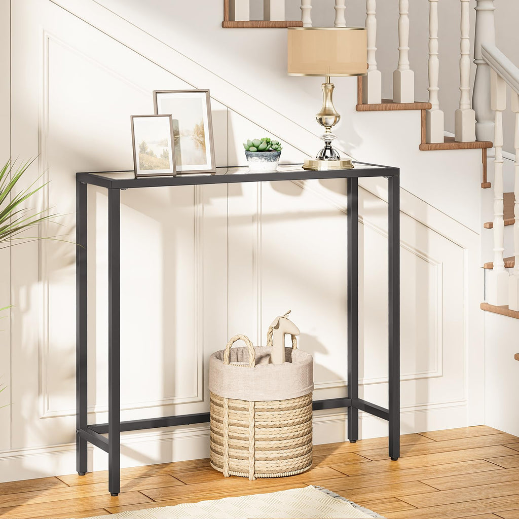 HOOBRO Slim Console Table | Tempered Glass & Metal Hallway Sofa Table
