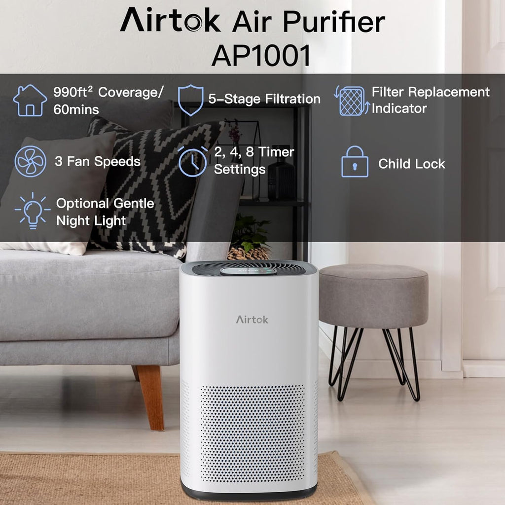 AIRTOK H13 HEPA Air Purifier for Home Pets – Covers Up to 1190 Sq Ft