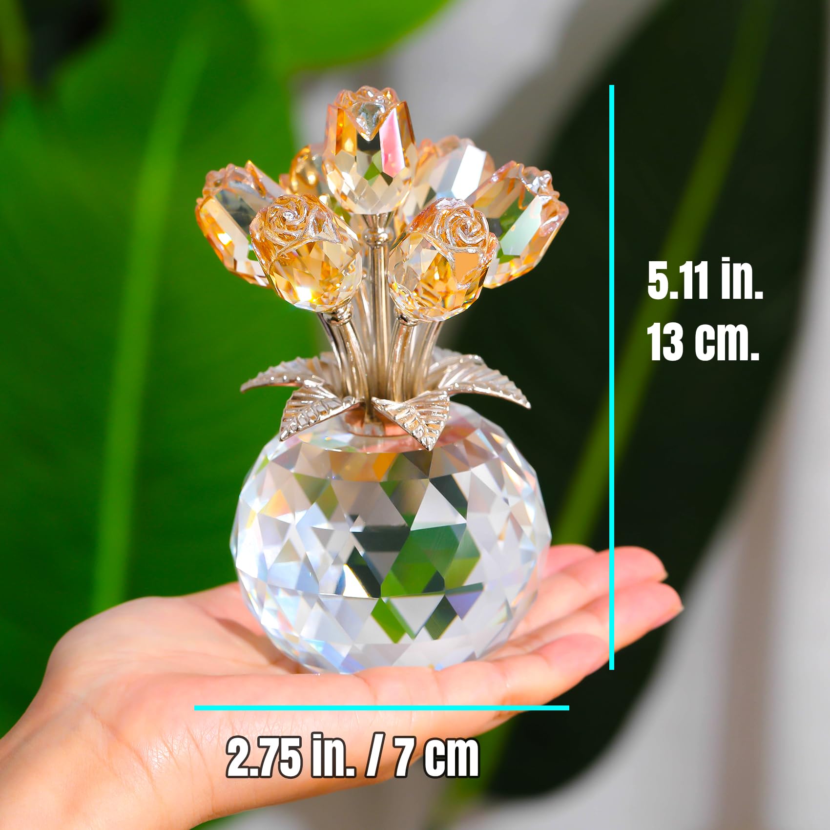 Ornalrist Crystal Gold Roses Figurine | K9 Glass Flower Bouquet with Vase