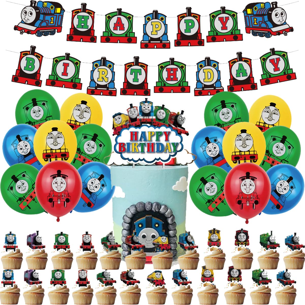 Jolof Store Thomas Train Birthday Party Supplies - Banner, Balloons & Toppers