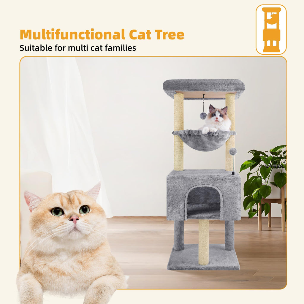 ROYPET 110cm Cat Tree Tower | Sisal Scratching Posts & Hammock - Grey