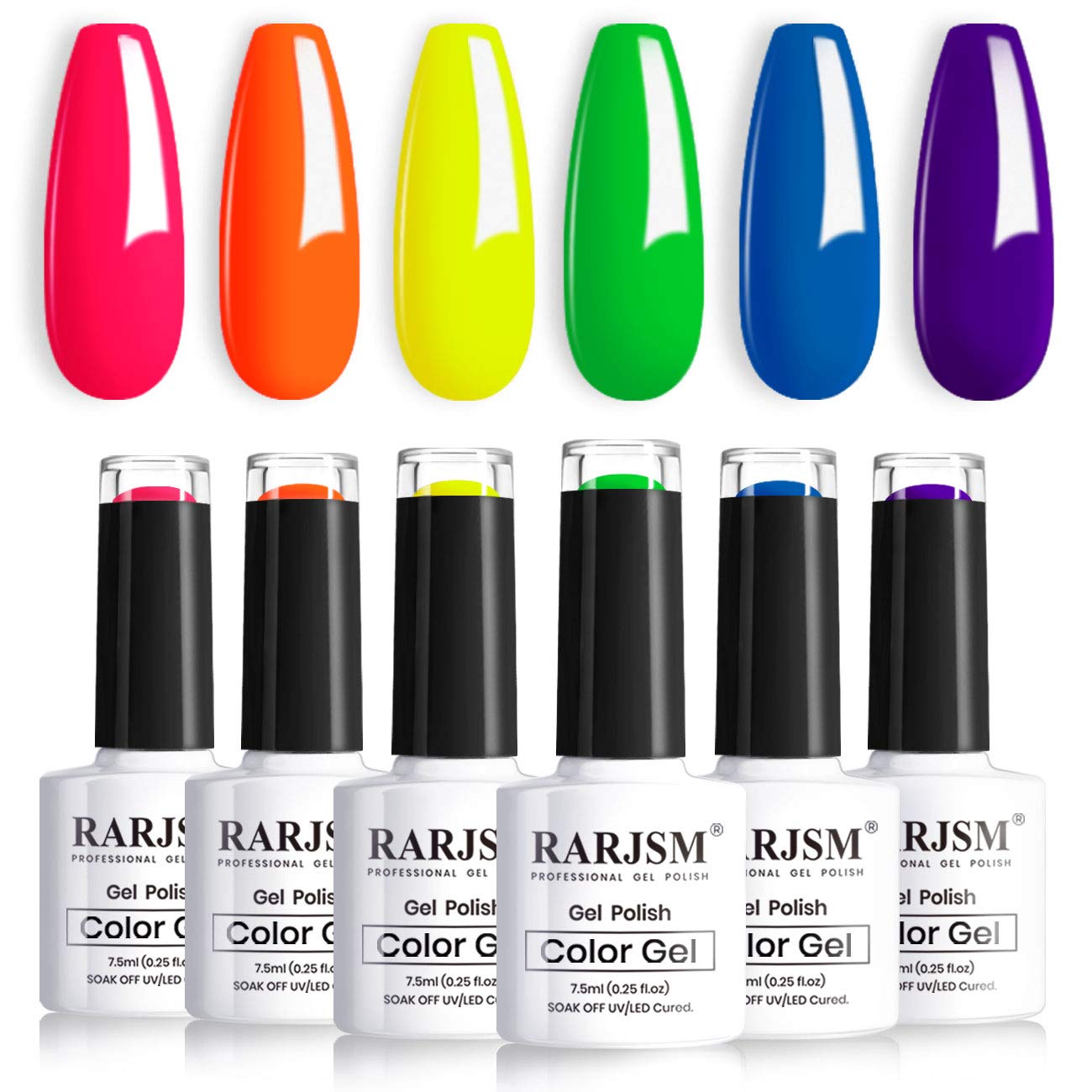 RARJSM Neon Gel Nail Polish Kit – 6 Colors Rainbow UV LED Soak Off Set