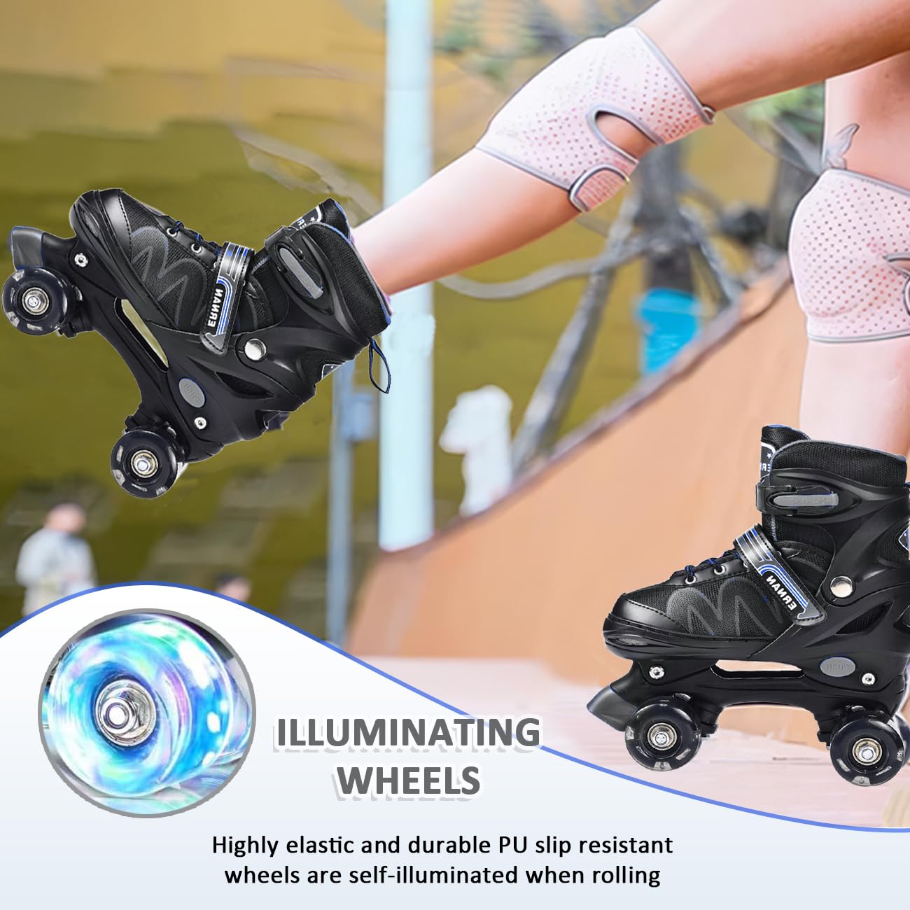 ERNAN Kids Adjustable Roller Skates | 8 Light Up Wheels - White, Small