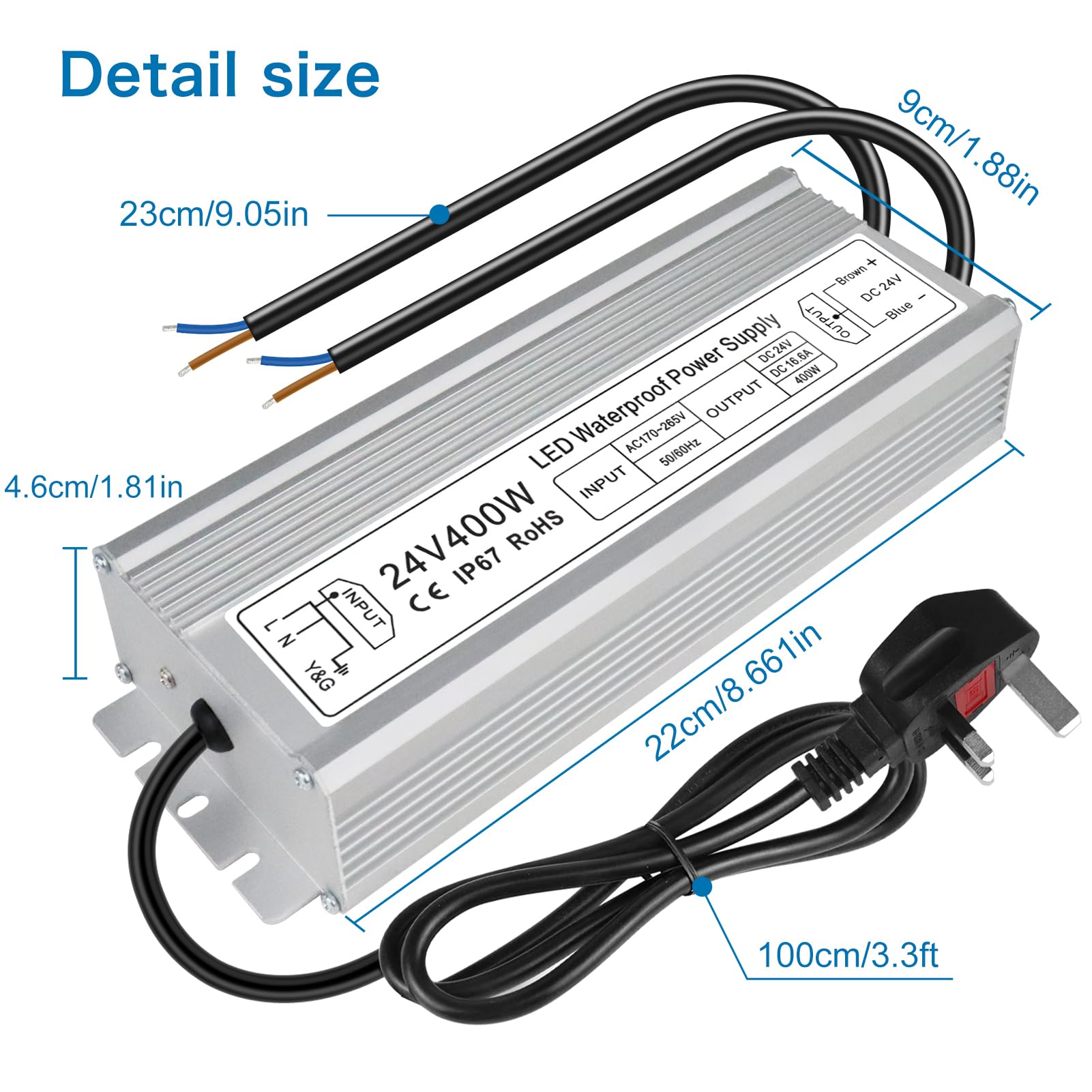 inShareplus 24V 400W LED Power Supply – IP67 Waterproof Outdoor Transformer