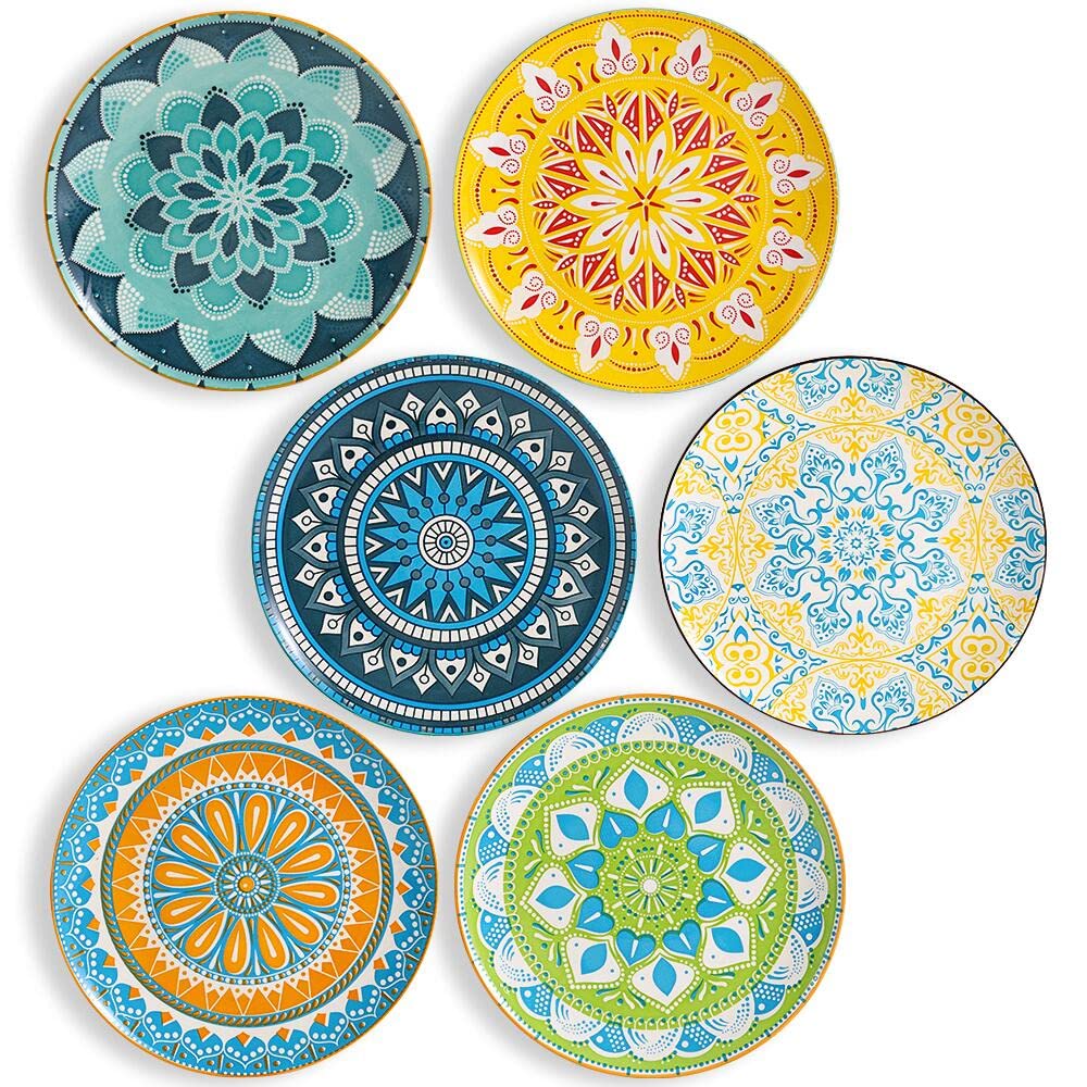 AHX 10-Inch Ceramic Dinner Plates Set of 6 | Colorful Vintage Patterns