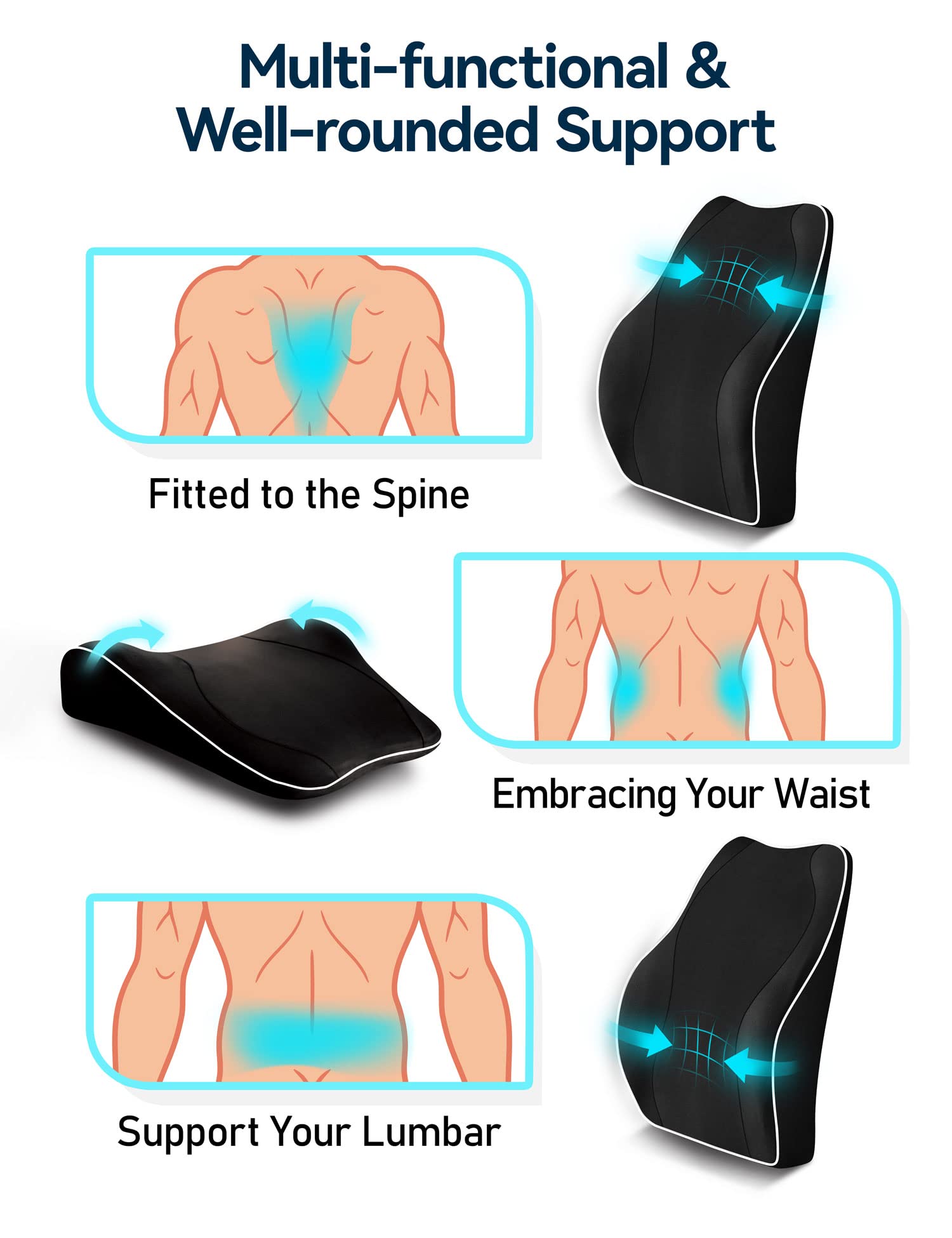 Travel Ease Memory Foam Lumbar Support Cushion for Office Chairs - Black