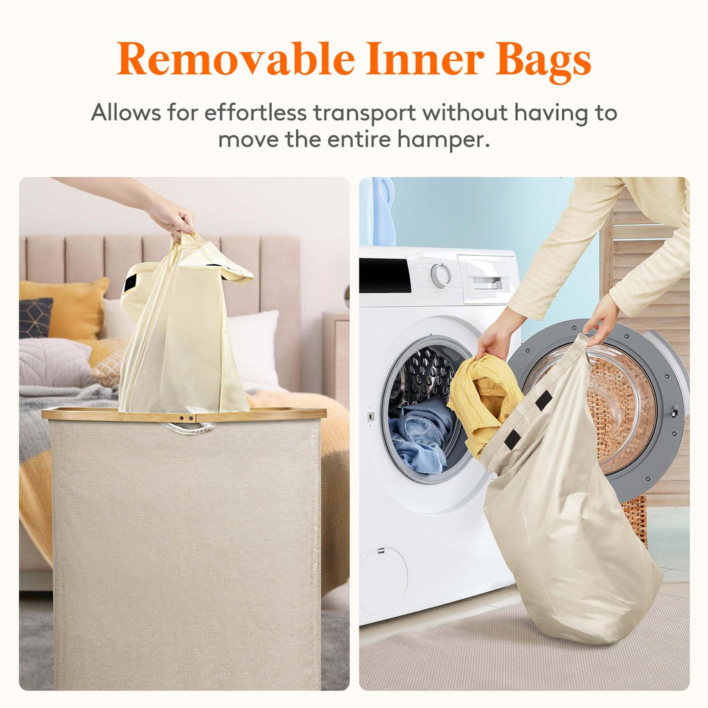 Lifewit 150L Laundry Basket with Lid | 3-Section Hamper with Bamboo Handles