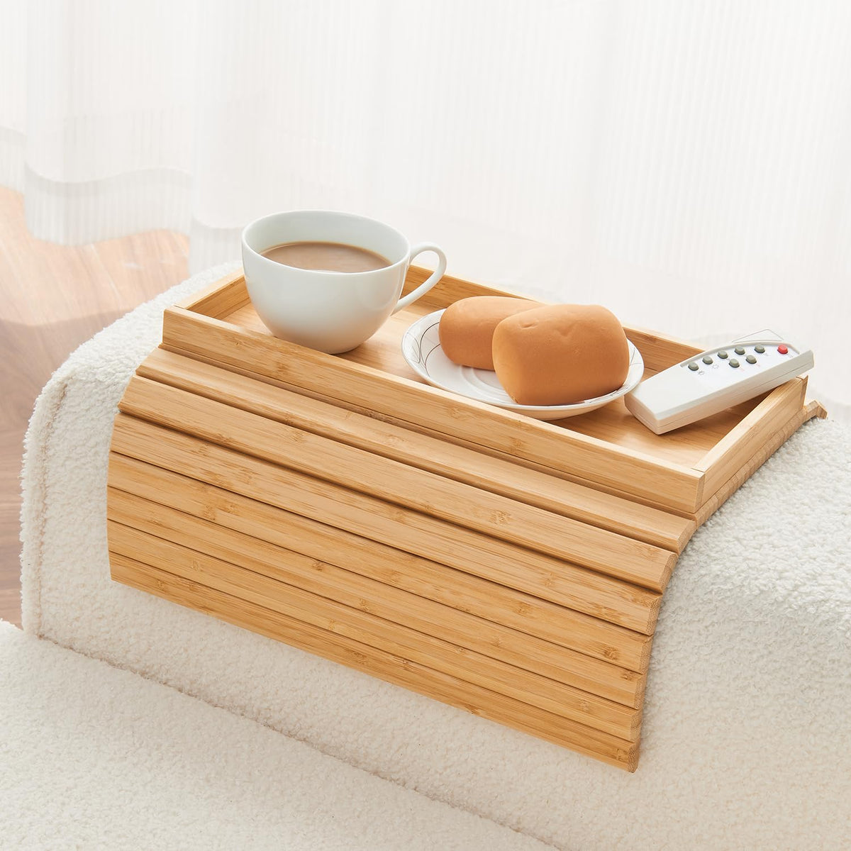 LOVYANXUE Bamboo Sofa Arm Tray, Anti Falling Couch Arm Tray Table, Foldable Couch Armrest Table, Portable Sofa Armrest Trays Cup Holder for Drink - image 1