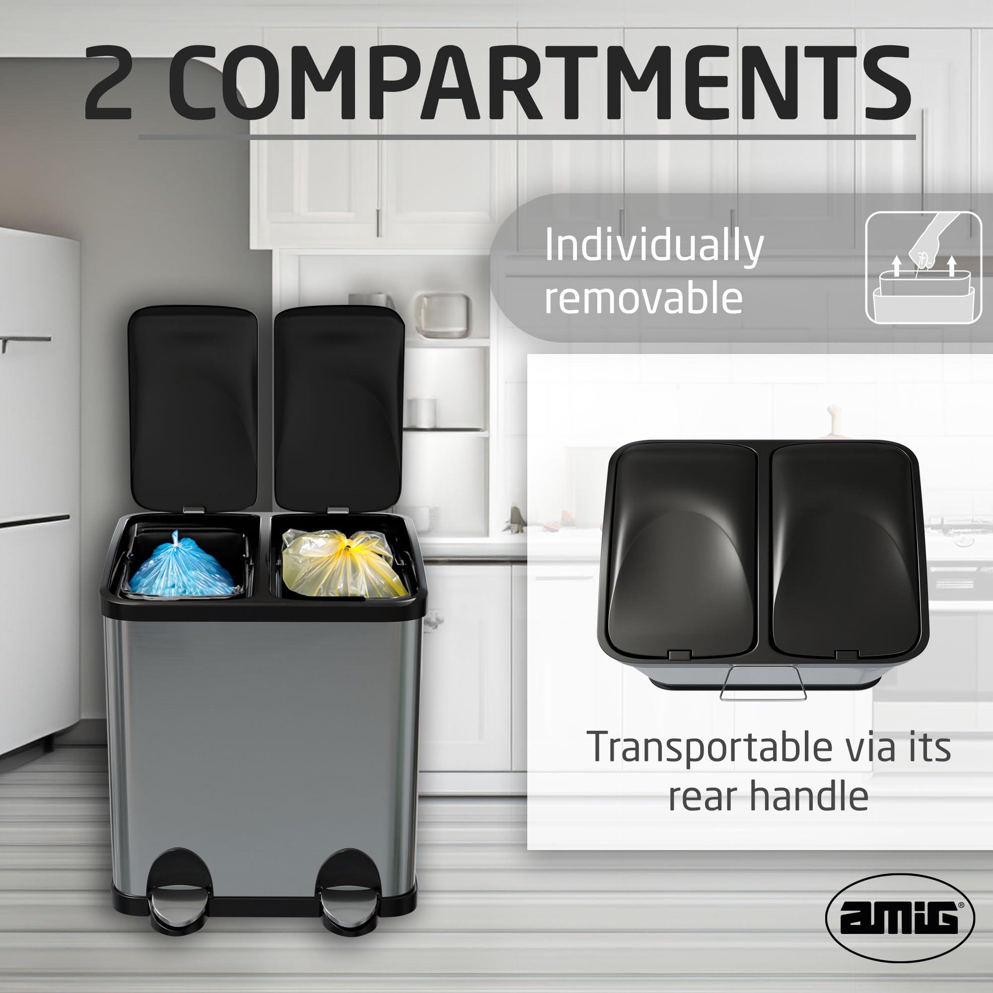 Amig RECIK2 Double Recycling Bin | 30L Stainless Steel Pedal Bin