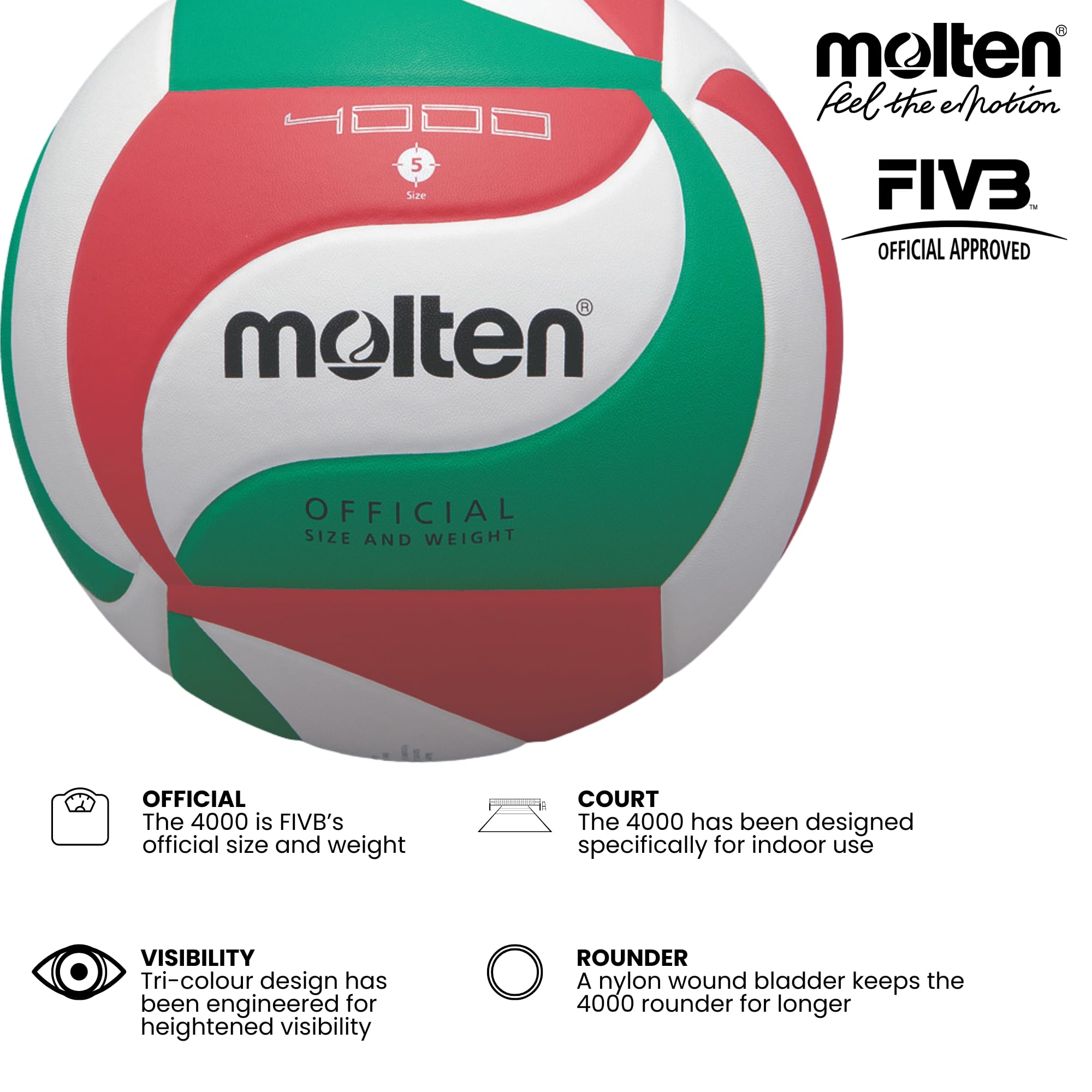 Molten V5M4000 Indoor Volleyball – Size 5 Synthetic Leather - White