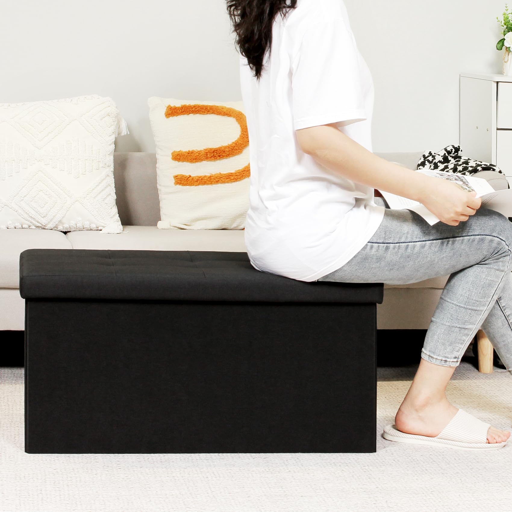 Bonlife Large Folding Storage Ottoman | Linen Footrest Bench - Black