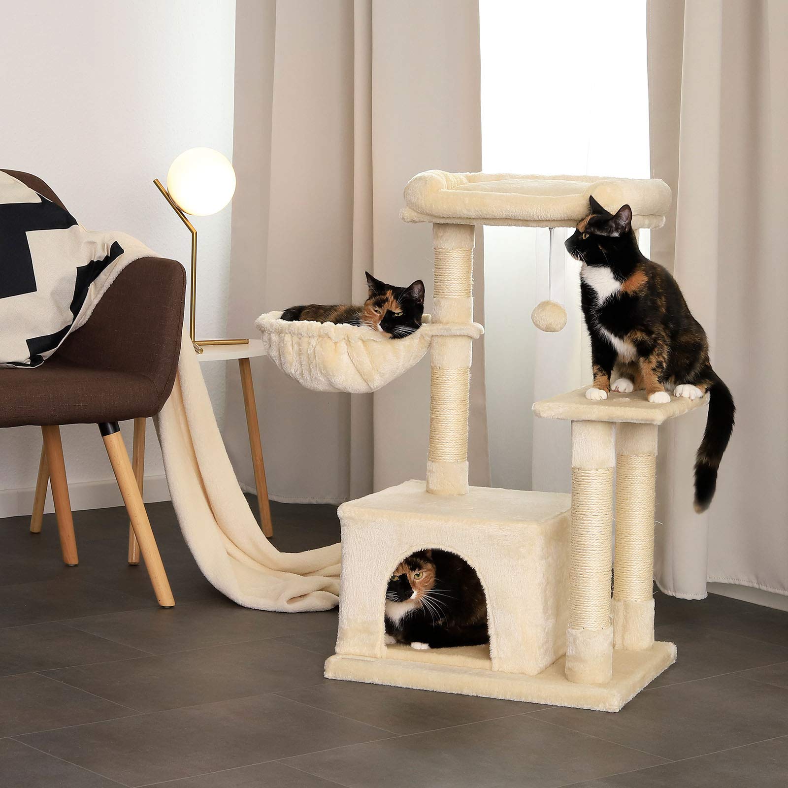 lionto Cat Scratching Post with Cave & Lounger - 85cm Sisal Cat Tree, Beige