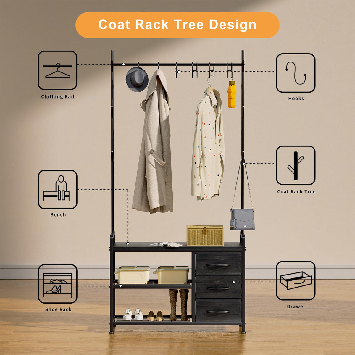 Free Standing Coat Rack Rustic Hall Tree 33"x12"x69.3" Black Wood Veins - image 4